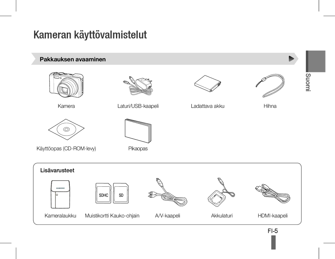 Samsung EC-WB650ZBPBIL, EC-WB650ZBPBE1, EC-WB660ZBDBE1 Kameran käyttövalmistelut, FI-5, Pakkauksen avaaminen, Lisävarusteet 