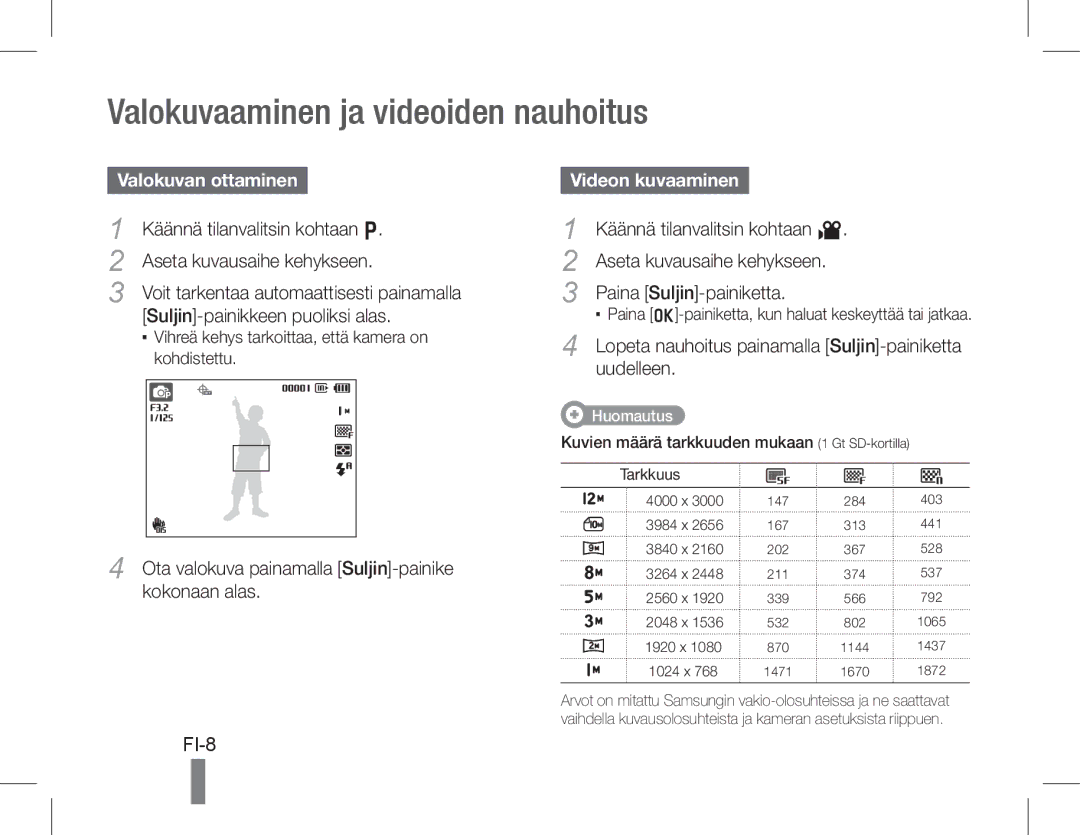 Samsung EC-WB650ZDDBTH, EC-WB650ZBPBE1 Valokuvaaminen ja videoiden nauhoitus, FI-8, Valokuvan ottaminen, Videon kuvaaminen 