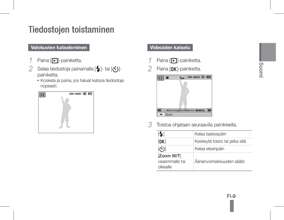 Samsung EC-WB650ZBPAVN, EC-WB650ZBPBE1 manual Tiedostojen toistaminen, FI-9, Valokuvien katseleminen, Videoiden katselu 