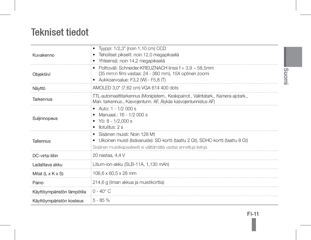 Samsung EC-WB660ZBDBE2, EC-WB650ZBPBE1, EC-WB660ZBDBE1, EC-WB650ZBPAE3, EC-WB650ZBPBIT, EC-WB650ZBPAIT Tekniset tiedot, FI-11 