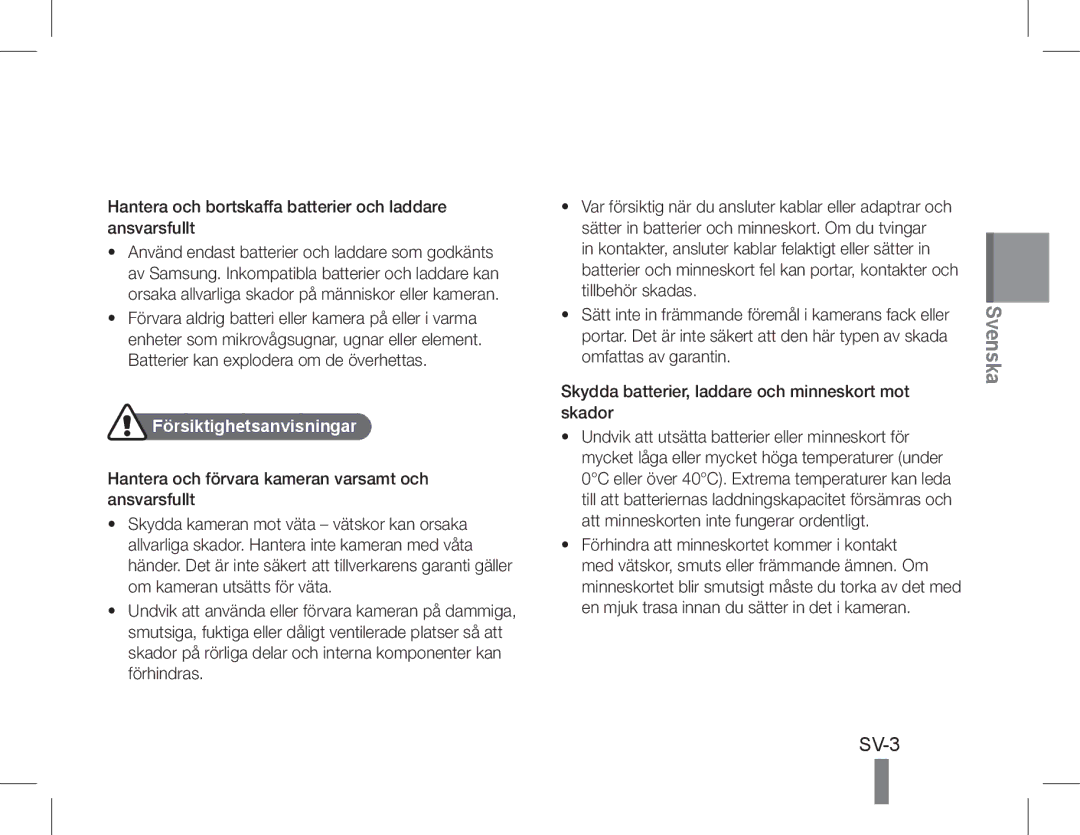 Samsung EC-WB650ZBPARU manual SV-3, Hantera och bortskaffa batterier och laddare ansvarsfullt, Försiktighetsanvisningar 