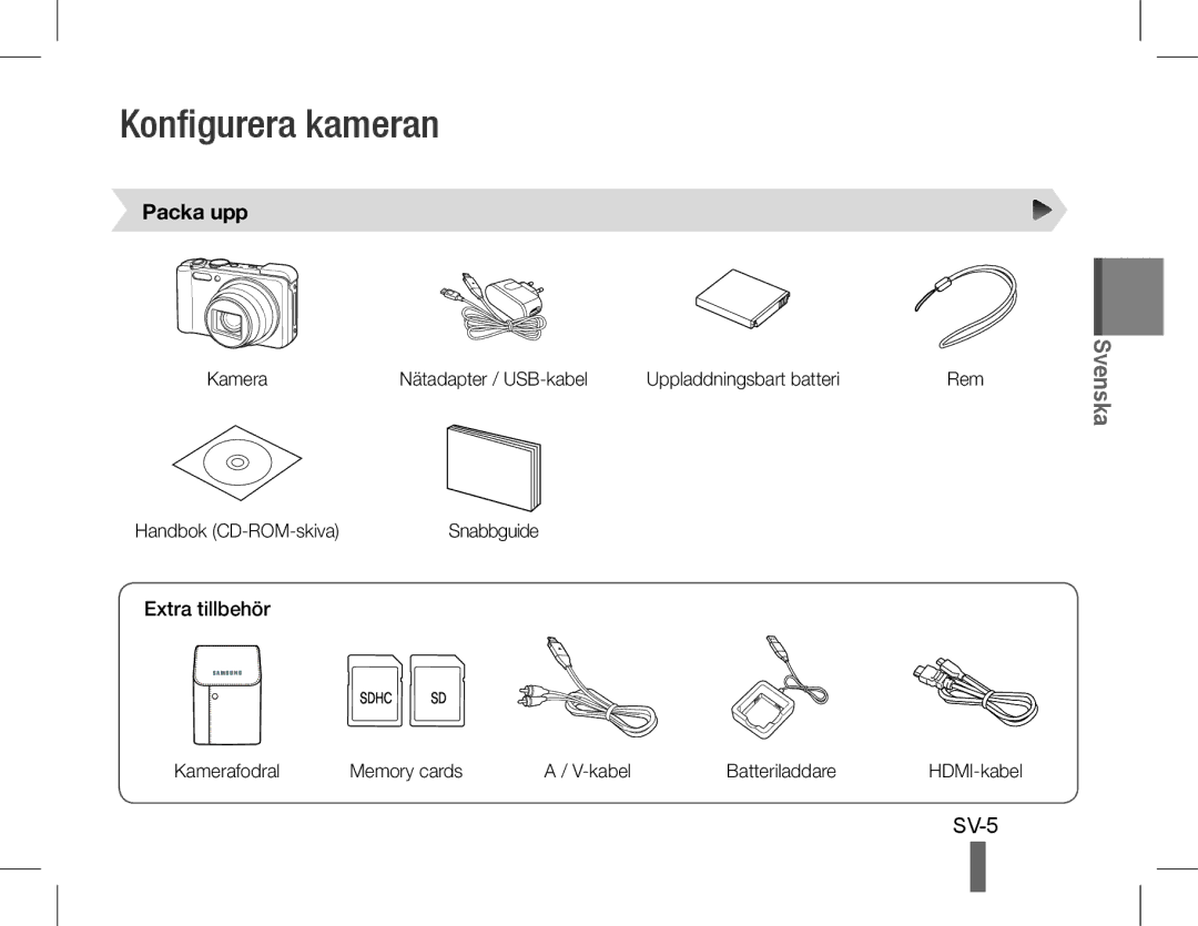 Samsung EC-WB650ZBPBE1, EC-WB660ZBDBE1, EC-WB650ZBPAE3, EC-WB650ZBPBIT Konfigurera kameran, SV-5, Packa upp, Extra tillbehör 