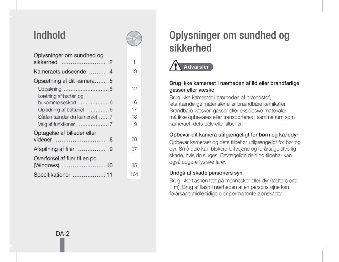 Samsung EC-WB650ZBPASA, EC-WB650ZBPBE1, EC-WB660ZBDBE1 manual Indhold, Oplysninger om sundhed og sikkerhed, DA-2, Advarsler 