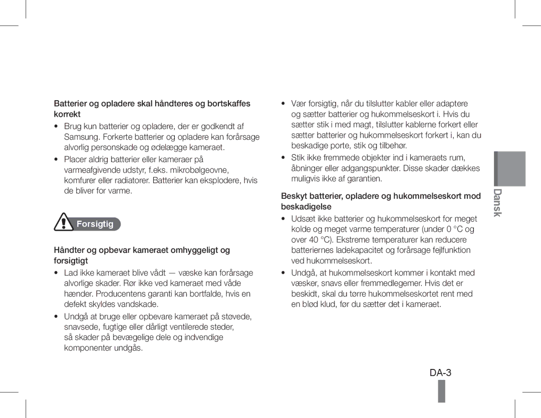 Samsung EC-WB650ZDPAME, EC-WB650ZBPBE1 manual DA-3, Batterier og opladere skal håndteres og bortskaffes korrekt, Forsigtig 