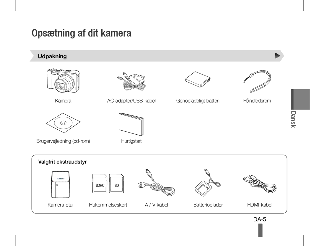 Samsung EC-WB650ZBPBZA, EC-WB650ZBPBE1, EC-WB660ZBDBE1 manual Opsætning af dit kamera, DA-5, Udpakning, Valgfrit ekstraudstyr 