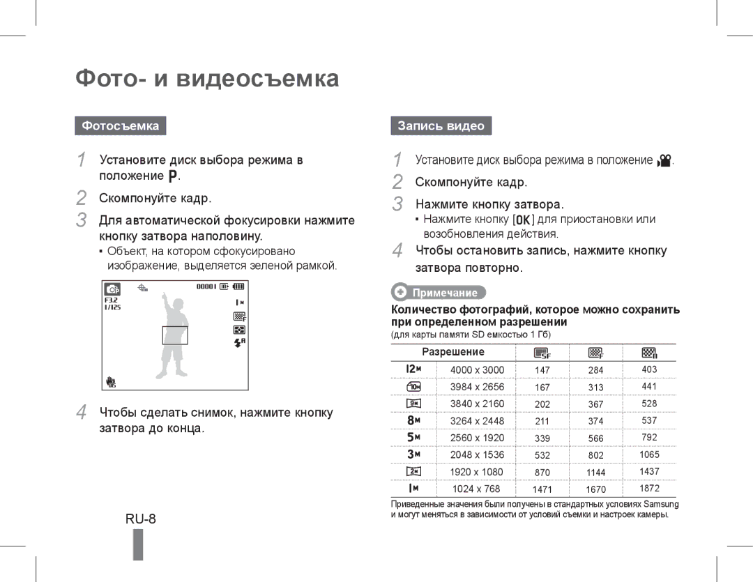 Samsung EC-WB650ZBPARU, EC-WB650ZBPBE1, EC-WB660ZBDBE1, EC-WB650ZBPAE3 Фото- и видеосъемка, RU-8, Фотосъемка, Запись видео 