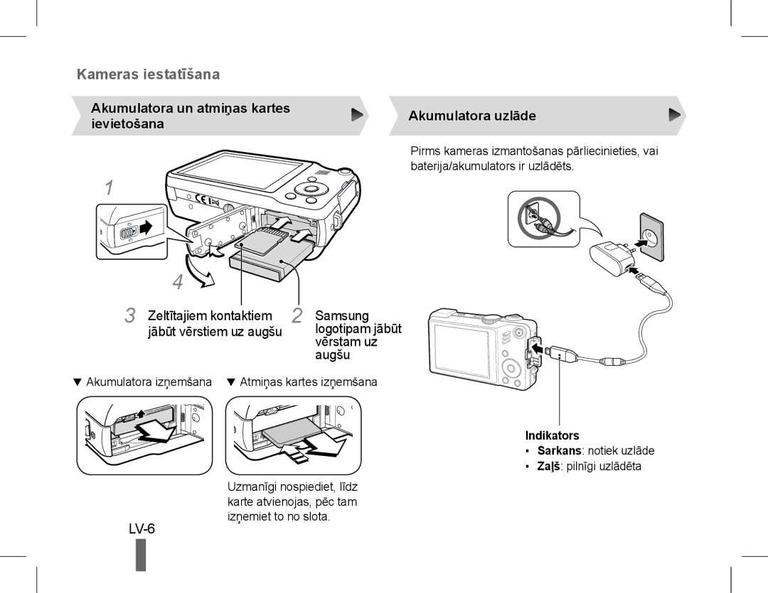 Samsung EC-WB650ZBPAE1, EC-WB650ZBPBE1, EC-WB660ZBDBE1 LV-6, Akumulatora uzlāde Ievietošana, Zeltītajiem kontaktiem Samsung 