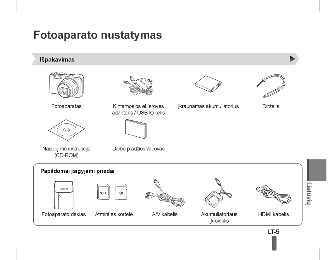 Samsung EC-WB650ZBPBIL, EC-WB650ZBPBE1 manual Fotoaparato nustatymas, LT-5, Išpakavimas, Papildomai įsigyjami priedai 