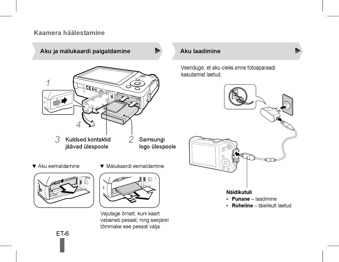 Samsung EC-WB660ZBDBE1, EC-WB650ZBPBE1, EC-WB650ZBPAE3 manual ET-6, Aku ja mälukaardi paigaldamine Aku laadimine, Näidikutuli 