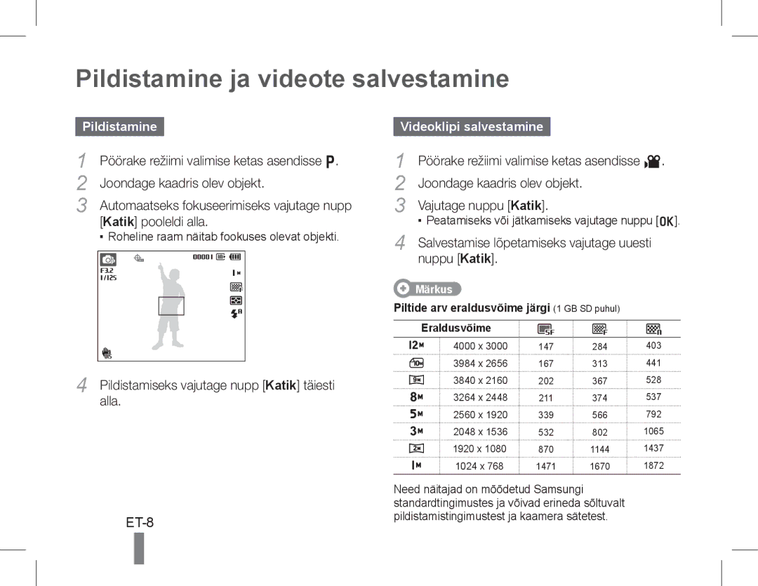 Samsung EC-WB650ZBPBIT, EC-WB650ZBPBE1, EC-WB660ZBDBE1 Pildistamine ja videote salvestamine, ET-8, Videoklipi salvestamine 