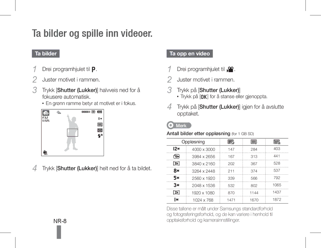 Samsung EC-WB650ZBPARU, EC-WB650ZBPBE1, EC-WB660ZBDBE1, EC-WB650ZBPAE3, EC-WB650ZBPBIT manual NR-8, Ta bilder, Ta opp en video 