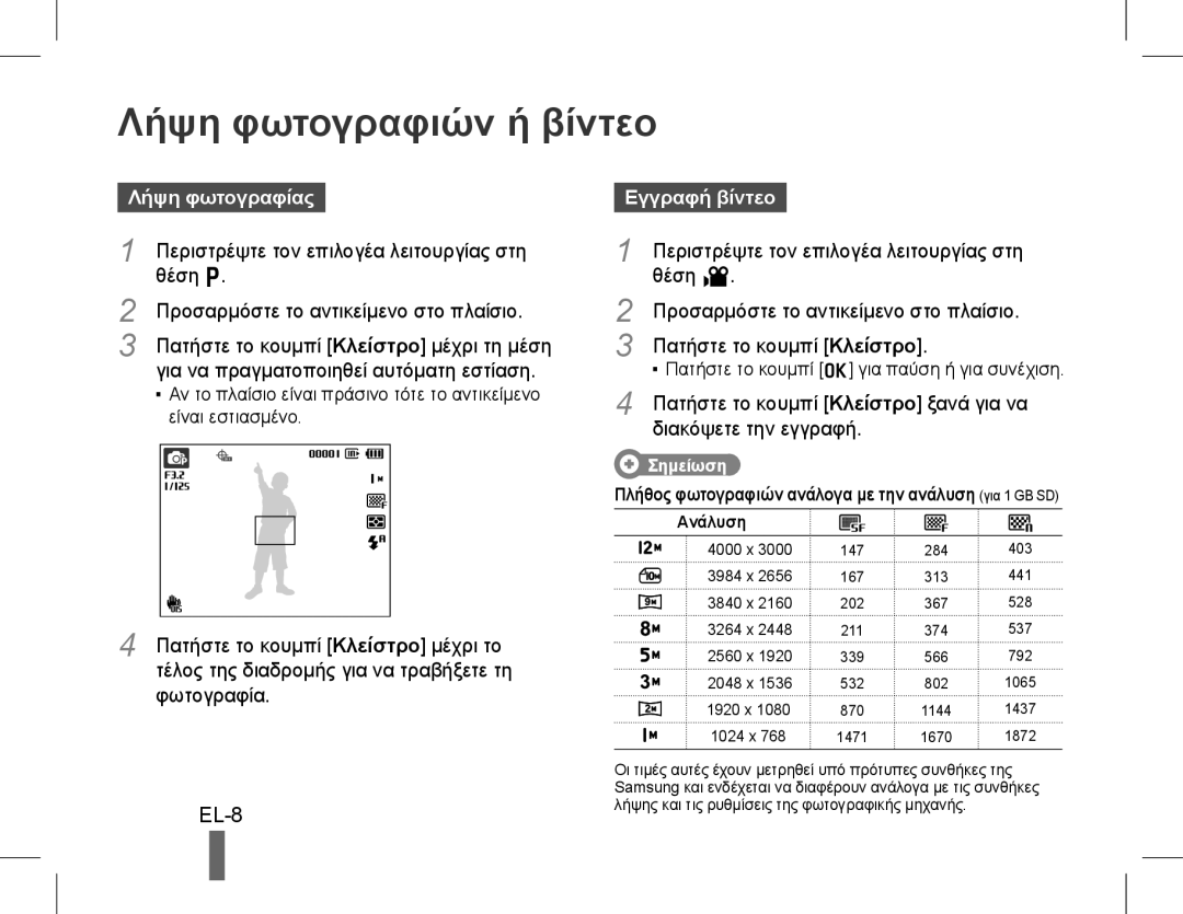 Samsung EC-WB650ZDPAME, EC-WB650ZBPBE1, EC-WB660ZBDBE1 Λήψη φωτογραφιών ή βίντεο, EL-8, Λήψη φωτογραφίας, Εγγραφή βίντεο 