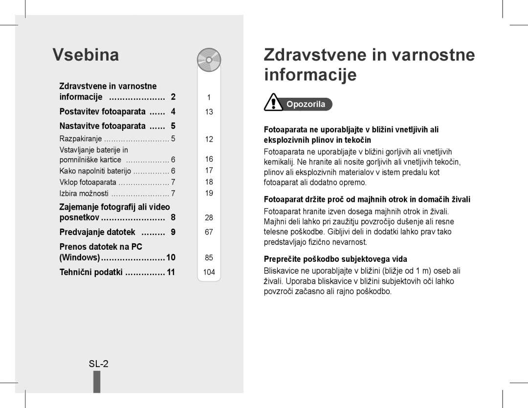 Samsung EC-WB650ZBPBE2 manual Vsebina, Zdravstvene in varnostne informacije, SL-2, Prenos datotek na PC, Opozorila 