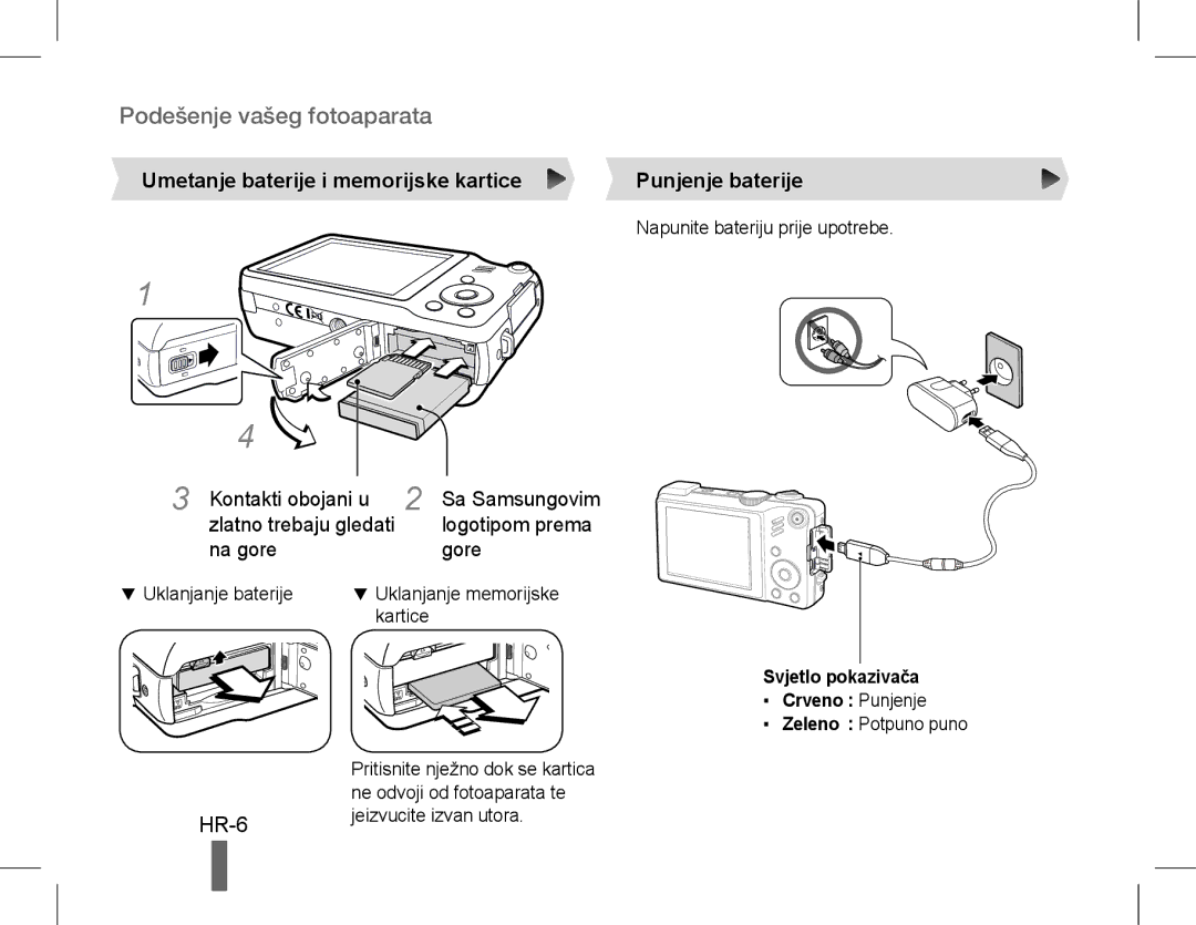 Samsung EC-WB650ZDPAIR HR-6, Umetanje baterije i memorijske kartice, Zlatno trebaju gledati Logotipom prema Na gore Gore 