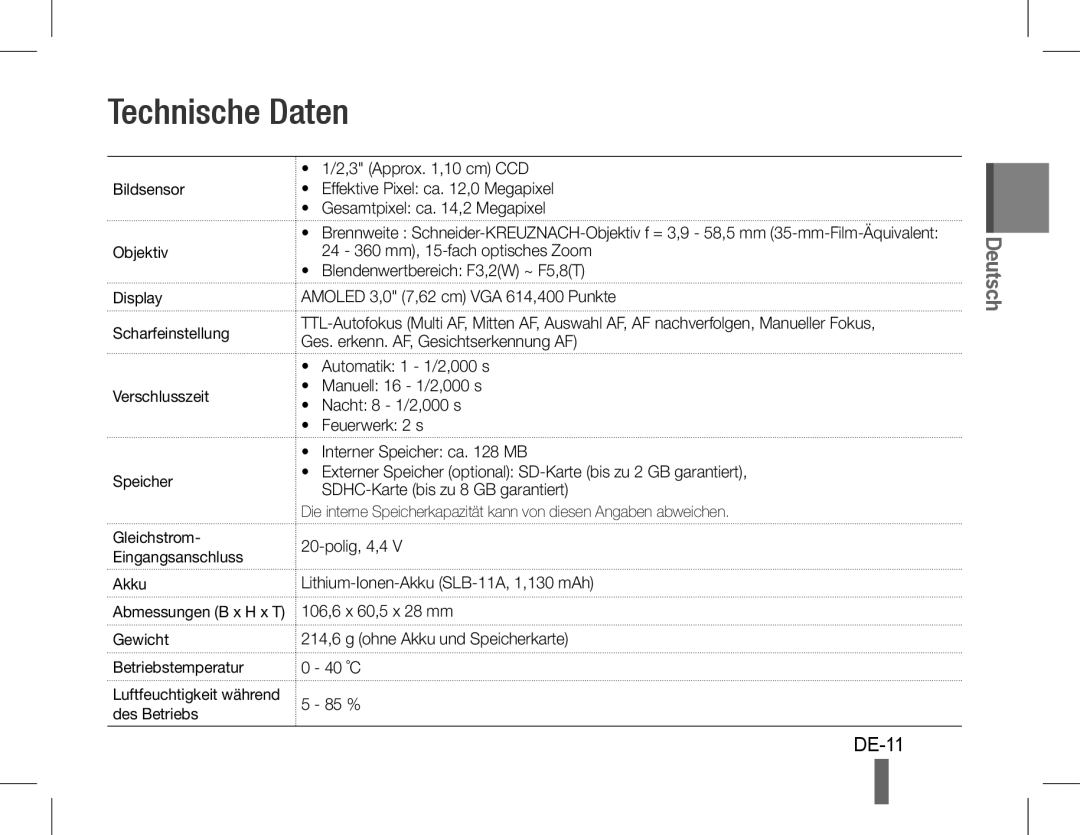 Samsung EC-WB660ZBDBE2, EC-WB650ZBPBE1, EC-WB660ZBDBE1, EC-WB650ZBPAE3, EC-WB650ZBPBIT, EC-WB650ZBPAIT Technische Daten, DE-11 