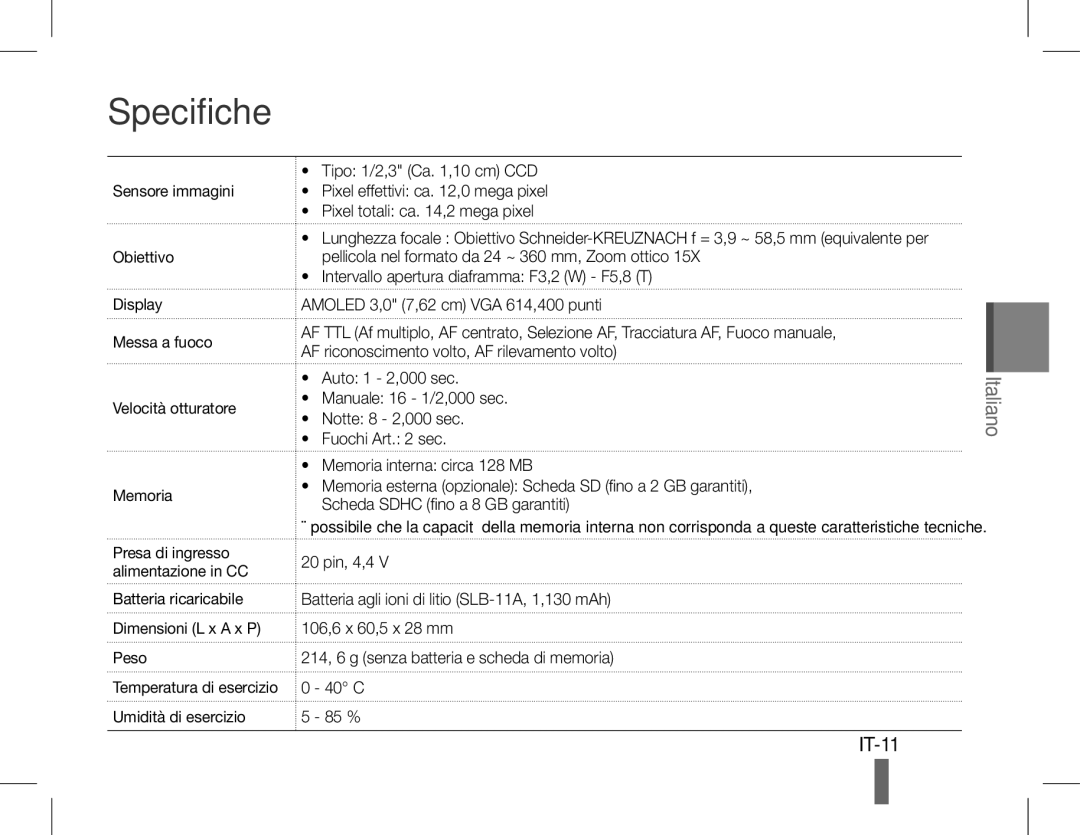 Samsung EC-WB650ZDPAAS, EC-WB650ZBPBE1, EC-WB660ZBDBE1 Specifiche, IT-11, Batteria ricaricabile Dimensioni L x a x P Peso 