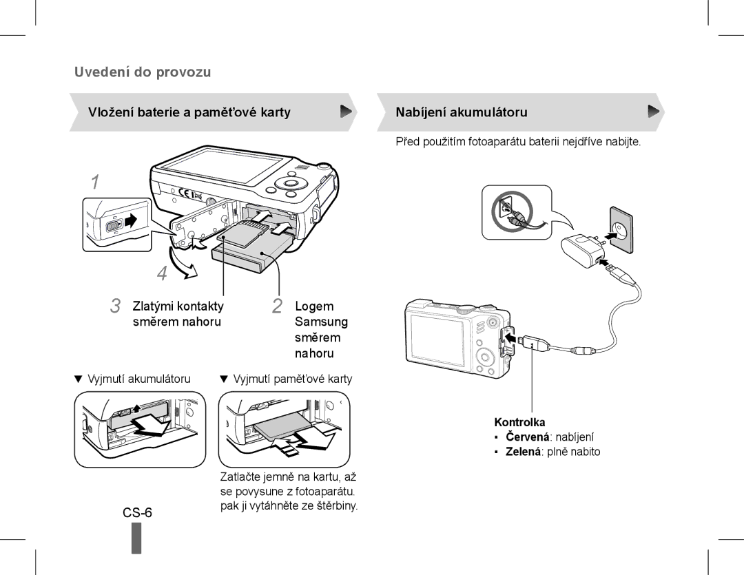 Samsung EC-WB650ZBPAE1 manual CS-6, Vložení baterie a paměťové karty Nabíjení akumulátoru, Zlatými kontakty směrem nahoru 