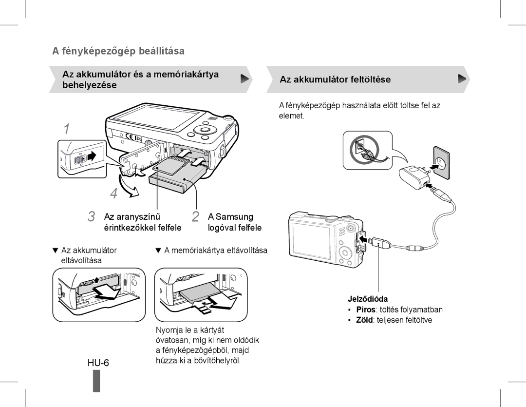 Samsung EC-WB660ZBDBE1 manual HU-6, Az akkumulátor és a memóriakártya behelyezése, Az akkumulátor feltöltése, Jelződióda 