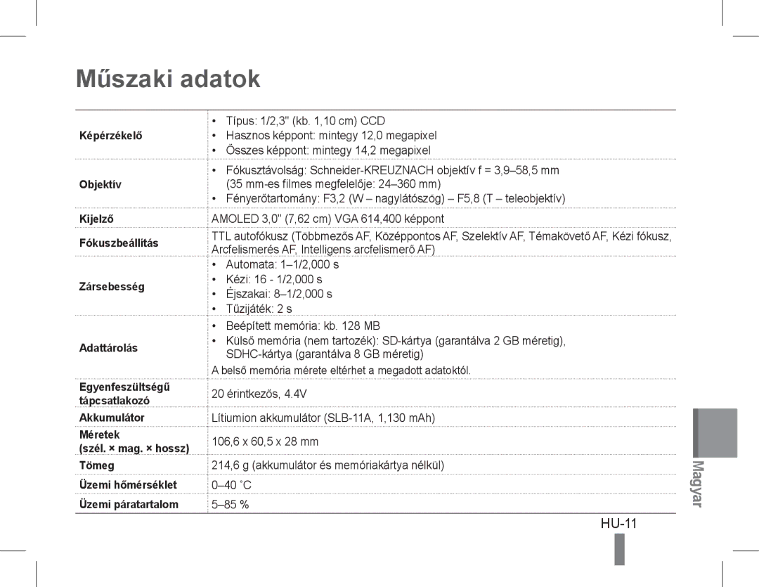 Samsung EC-WB650ZBPAE1, EC-WB650ZBPBE1, EC-WB660ZBDBE1, EC-WB650ZBPAE3, EC-WB650ZBPBIT, EC-WB650ZBPAIT Műszaki adatok, HU-11 