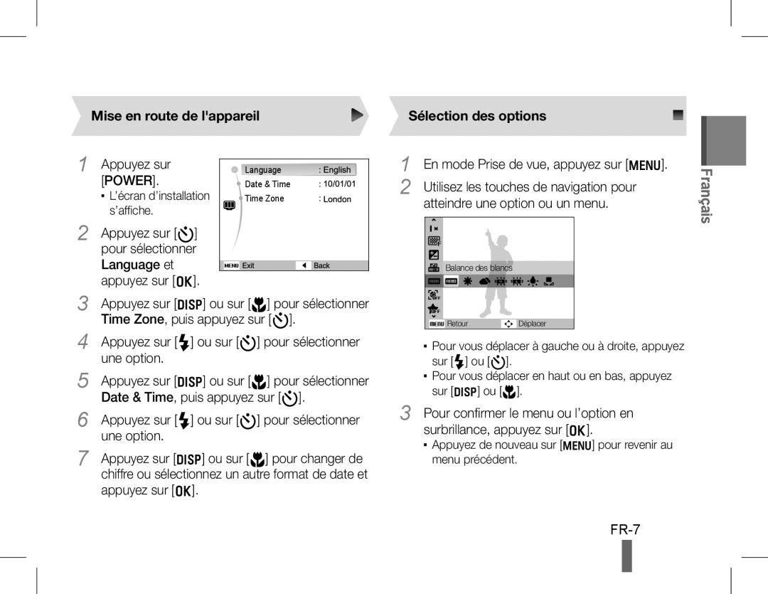 Samsung EC-WB650ZBPBVN, EC-WB650ZBPBE1, EC-WB660ZBDBE1 manual FR-7, Mise en route de lappareil, Sélection des options 