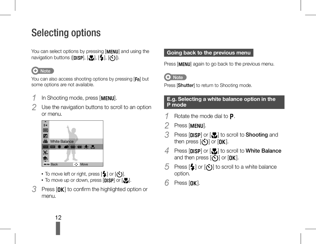 Samsung EC-WB650ZBPBSA Selecting options, Going back to the previous menu, Selecting a white balance option in the P mode 