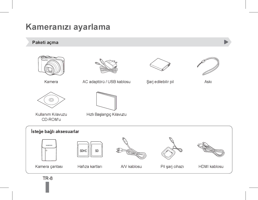 Samsung EC-WB660ZBDBE1, EC-WB650ZBPBE1, EC-WB650ZBPAE3 Kameranızı ayarlama, TR-8, Paketi açma, İsteğe bağlı aksesuarlar 