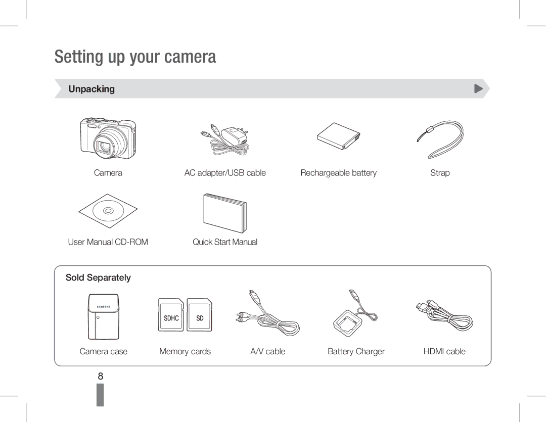 Samsung EC-WB650ZDPAME Setting up your camera, Unpacking, Sold Separately, Camera case Memory cards Cable Battery Charger 