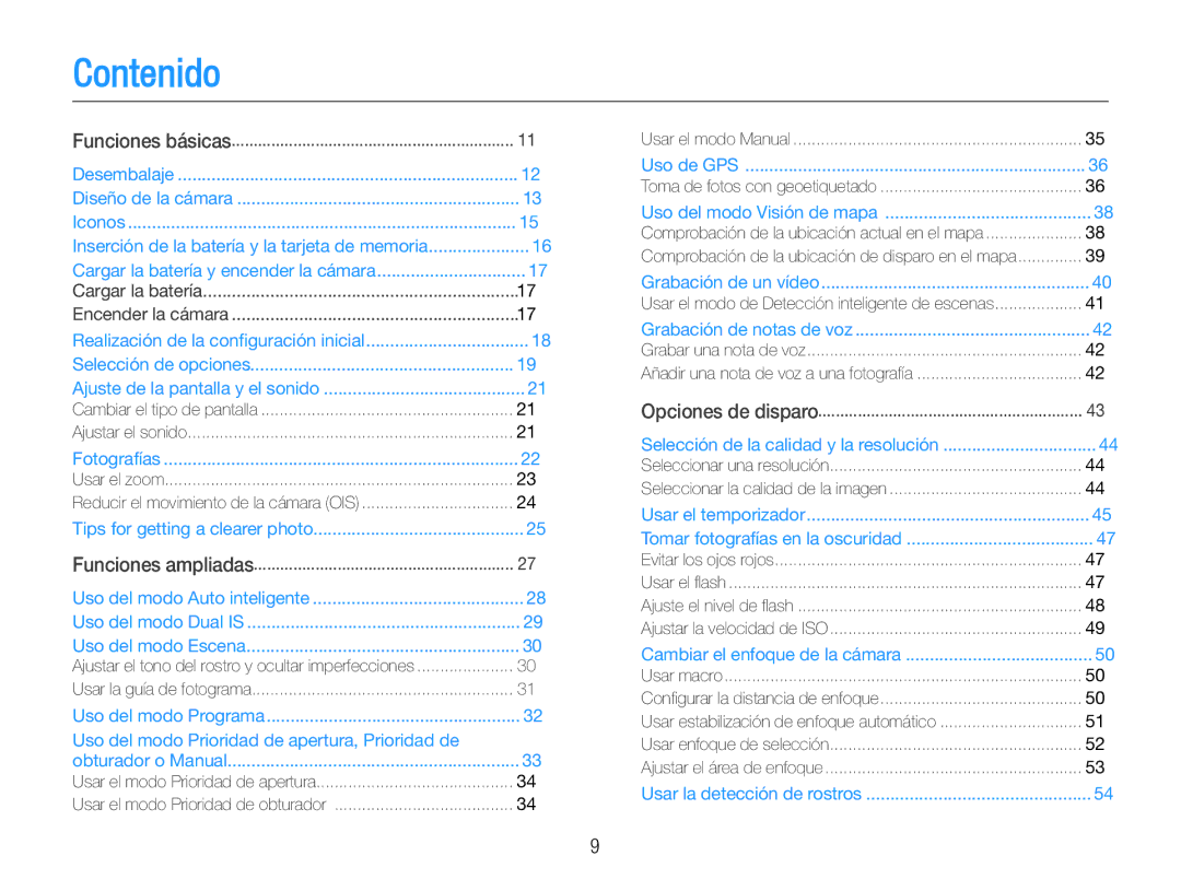 Samsung EC-WB650ZDPBAS, EC-WB650ZBPBE1, EC-WB660ZBDBE1, EC-WB650ZBPAE1 manual Contenido, Funciones básicas 