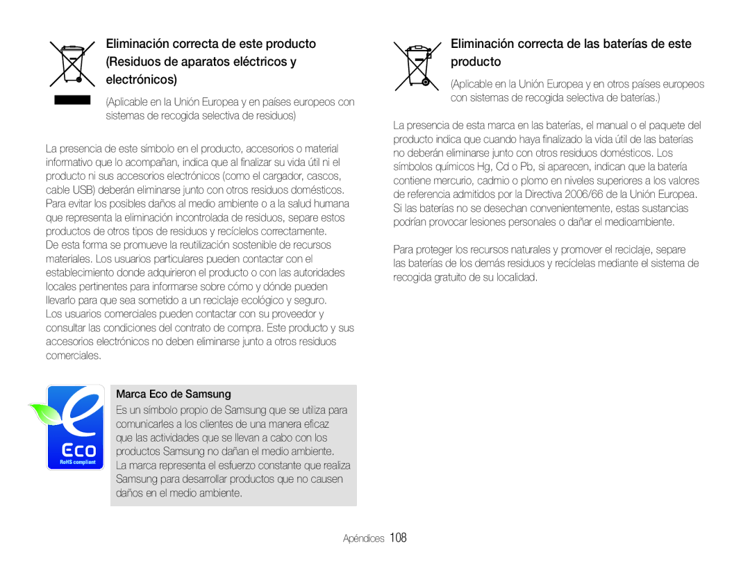 Samsung EC-WB660ZBDBE1, EC-WB650ZBPBE1 manual Eliminación correcta de las baterías de este producto, Marca Eco de Samsung 