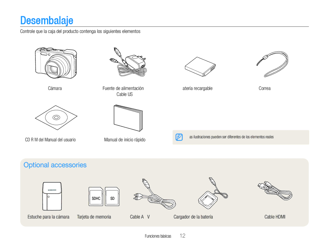 Samsung EC-WB660ZBDBE1 manual Desembalaje, Optional accessories, CD-ROM del Manual del usuario, Batería recargable 