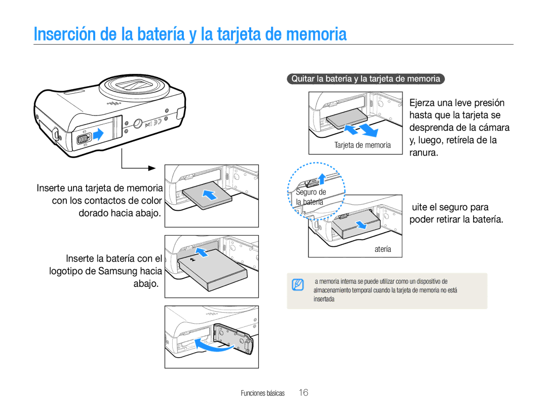 Samsung EC-WB660ZBDBE1 Inserción de la batería y la tarjeta de memoria, Abajo, Quitar la batería y la tarjeta de memoria 