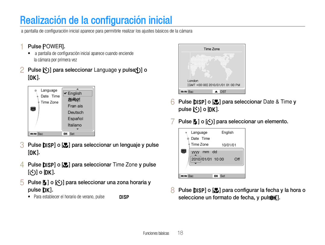 Samsung EC-WB650ZBPAE1 Realización de la configuración inicial, Pulse Power, Pulse t para seleccionar Language y pulse t o 