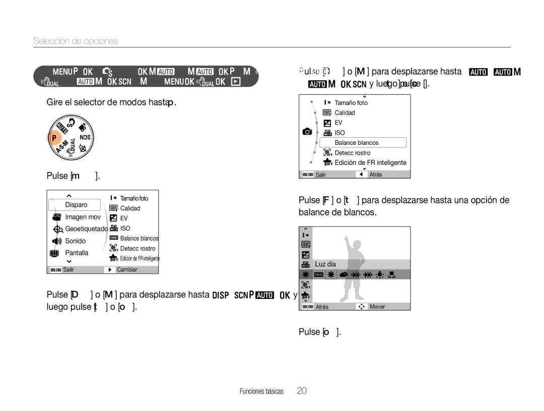 Samsung EC-WB660ZBDBE1, EC-WB650ZBPBE1 manual Selección de opciones, Gire el selector de modos hasta p Pulse m, Pulse o 