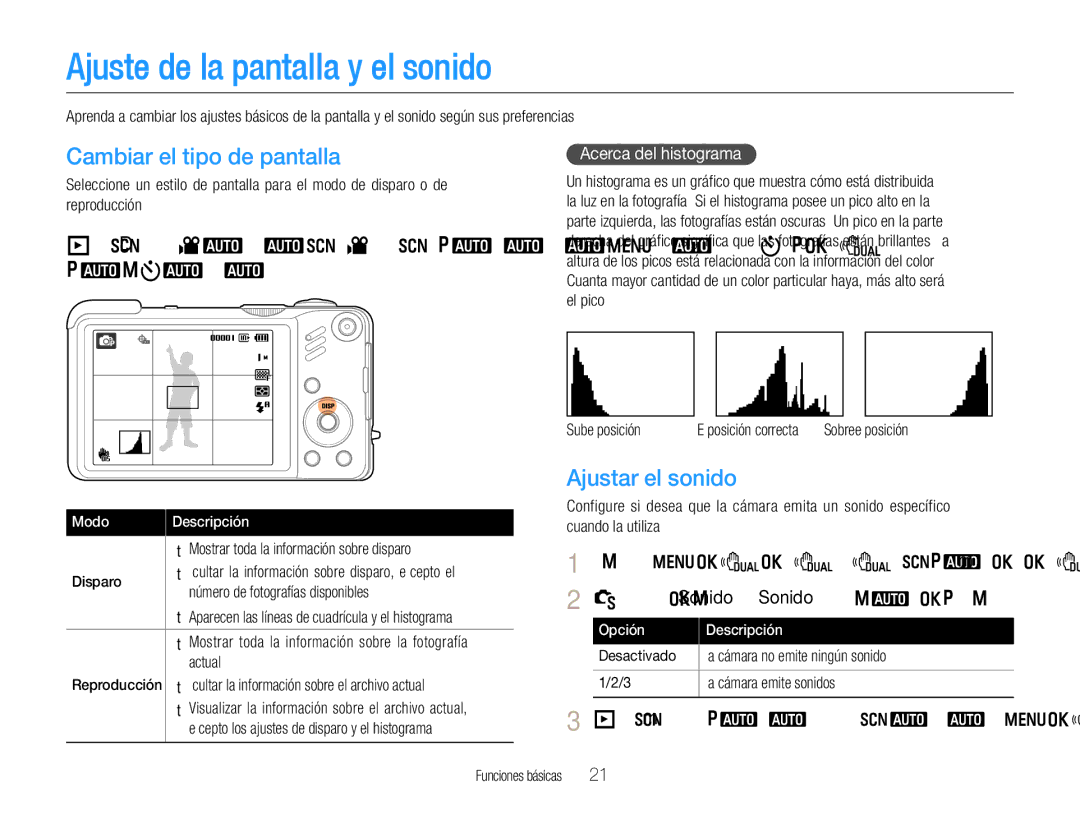 Samsung EC-WB650ZDPBAS, EC-WB650ZBPBE1 Ajuste de la pantalla y el sonido, Cambiar el tipo de pantalla, Ajustar el sonido 