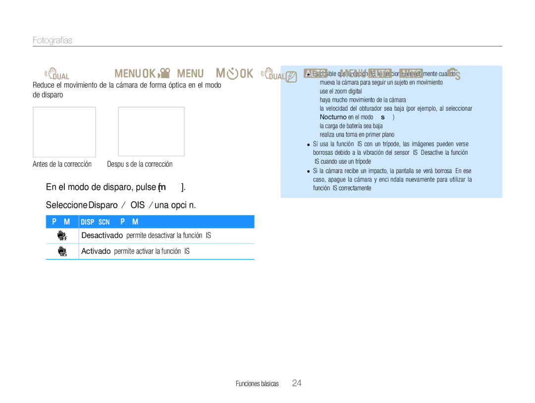 Samsung EC-WB660ZBDBE1 Reducir el movimiento de la cámara OIS, Seleccione Disparo ¤ OIS ¤ una opción. Opción Descripción 