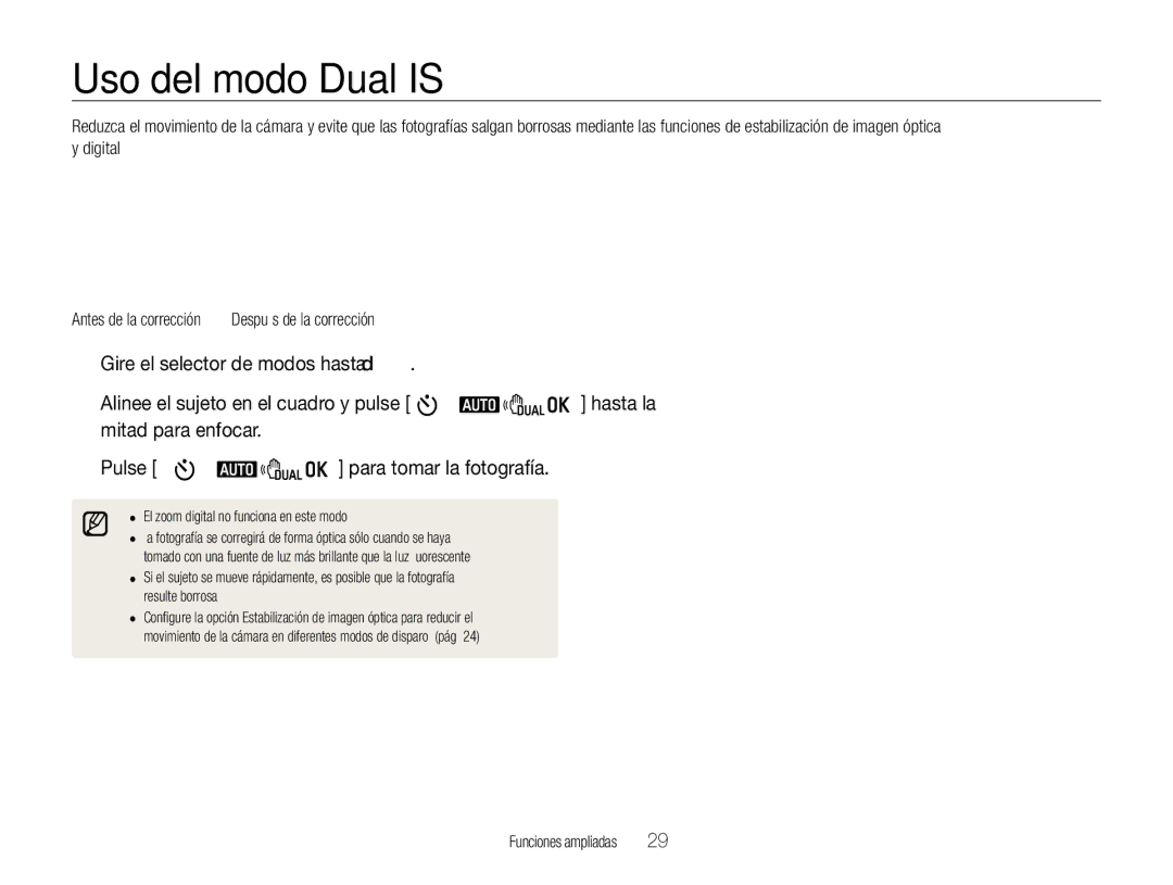 Samsung EC-WB650ZDPBAS, EC-WB650ZBPBE1 manual Uso del modo Dual is, Gire el selector de modos hasta d, Mitad para enfocar 