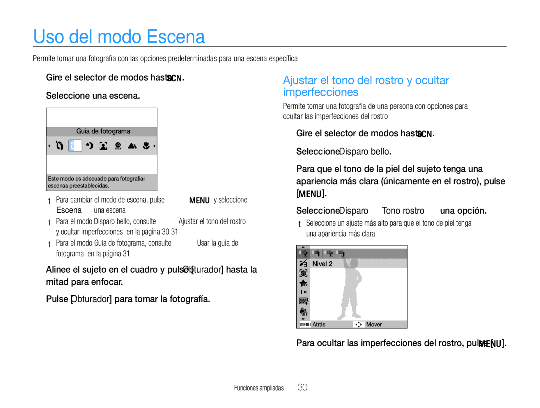 Samsung EC-WB650ZBPAE1, EC-WB650ZBPBE1 manual Uso del modo Escena, Ajustar el tono del rostro y ocultar imperfecciones 