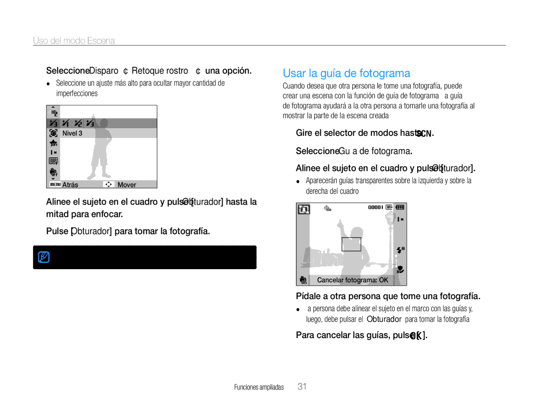 Samsung EC-WB650ZBPBE1 Usar la guía de fotograma, Uso del modo Escena, Seleccione Disparo ¢ Retoque rostro ¢una opción 