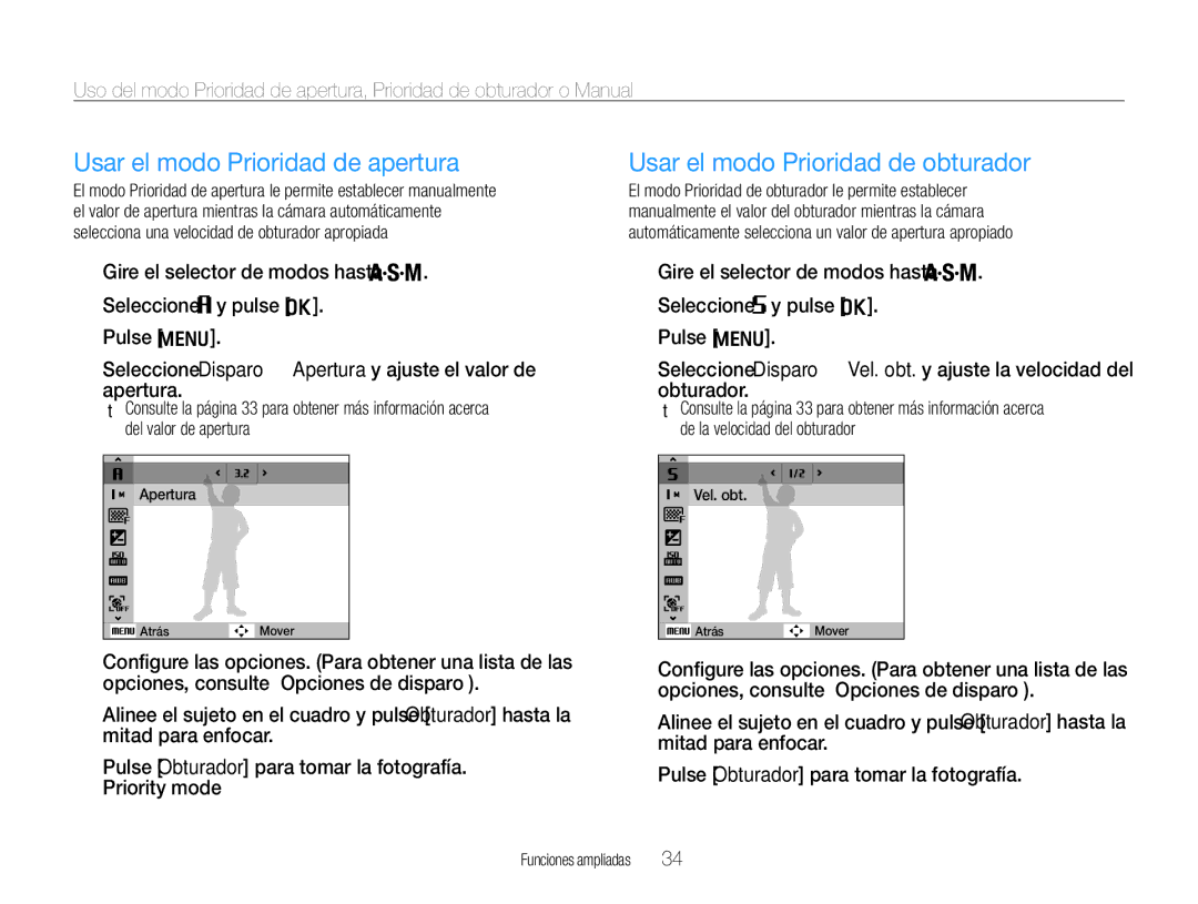 Samsung EC-WB650ZBPAE1 manual Usar el modo Prioridad de apertura, Usar el modo Prioridad de obturador, Apertura, Obturador 