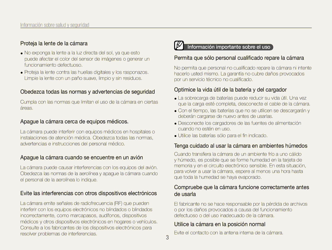 Samsung EC-WB650ZBPBE1 manual Proteja la lente de la cámara, Permita que sólo personal cualiﬁcado repare la cámara 