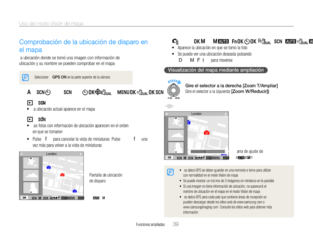 Samsung EC-WB650ZBPBE1 manual Comprobación de la ubicación de disparo en el mapa, Uso del modo Visión de mapa, Ampliación 