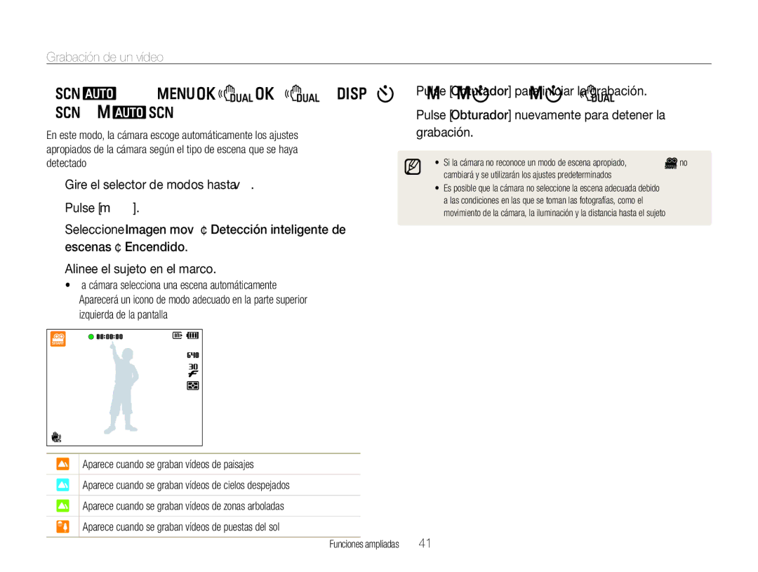 Samsung EC-WB650ZDPBAS, EC-WB650ZBPBE1 manual Usar el modo de Detección inteligente de, Escenas, Grabación de un vídeo 