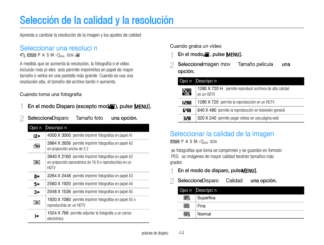 Samsung EC-WB660ZBDBE1, EC-WB650ZBPBE1 manual Selección de la calidad y la resolución, Seleccionar una resolución, Opción 