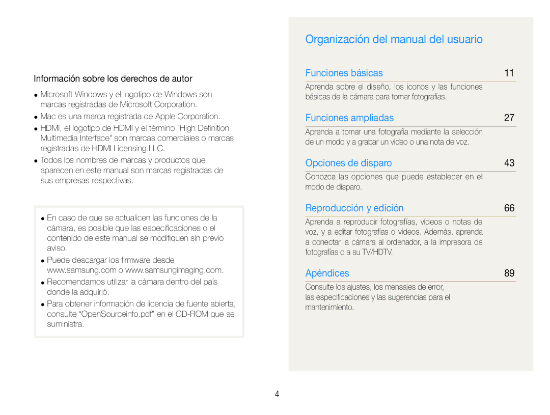 Samsung EC-WB660ZBDBE1, EC-WB650ZBPBE1 Organización del manual del usuario, Información sobre los derechos de autor 