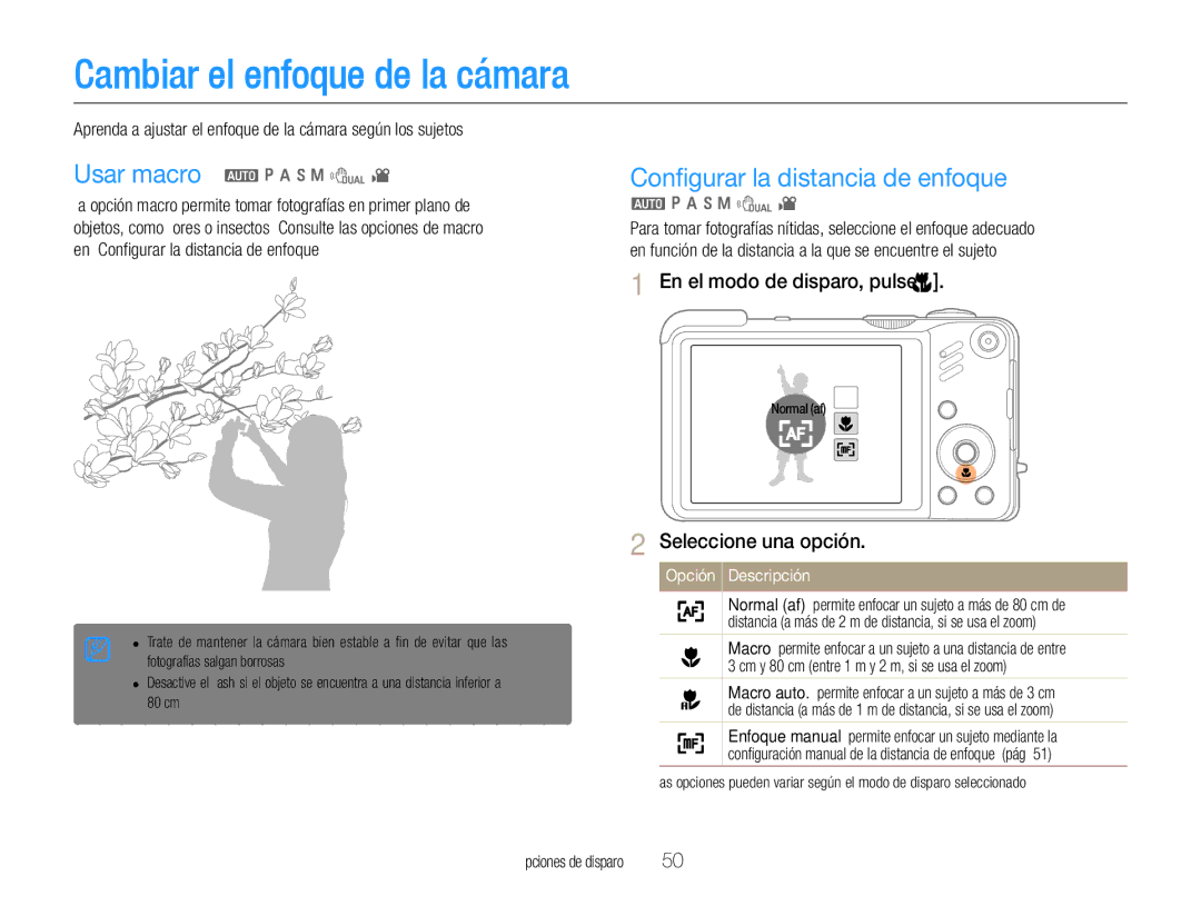 Samsung EC-WB650ZBPAE1, EC-WB650ZBPBE1, EC-WB660ZBDBE1 Cambiar el enfoque de la cámara, Conﬁgurar la distancia de enfoque 