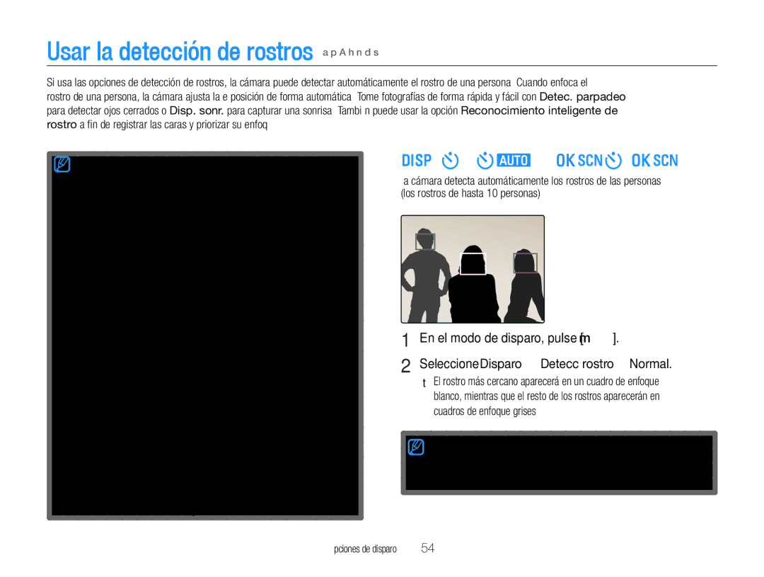 Samsung EC-WB650ZBPAE1, EC-WB650ZBPBE1, EC-WB660ZBDBE1 manual Usar la detección de rostros a p a h n d s, Detectar rostros 