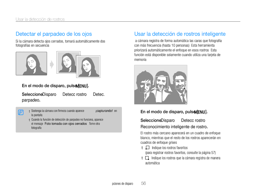 Samsung EC-WB660ZBDBE1, EC-WB650ZBPBE1 manual Detectar el parpadeo de los ojos, Usar la detección de rostros inteligente 