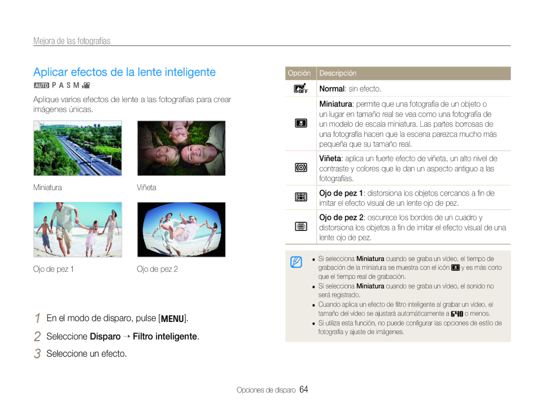 Samsung EC-WB660ZBDBE1 manual Aplicar efectos de la lente inteligente, Mejora de las fotografías, Normal sin efecto 
