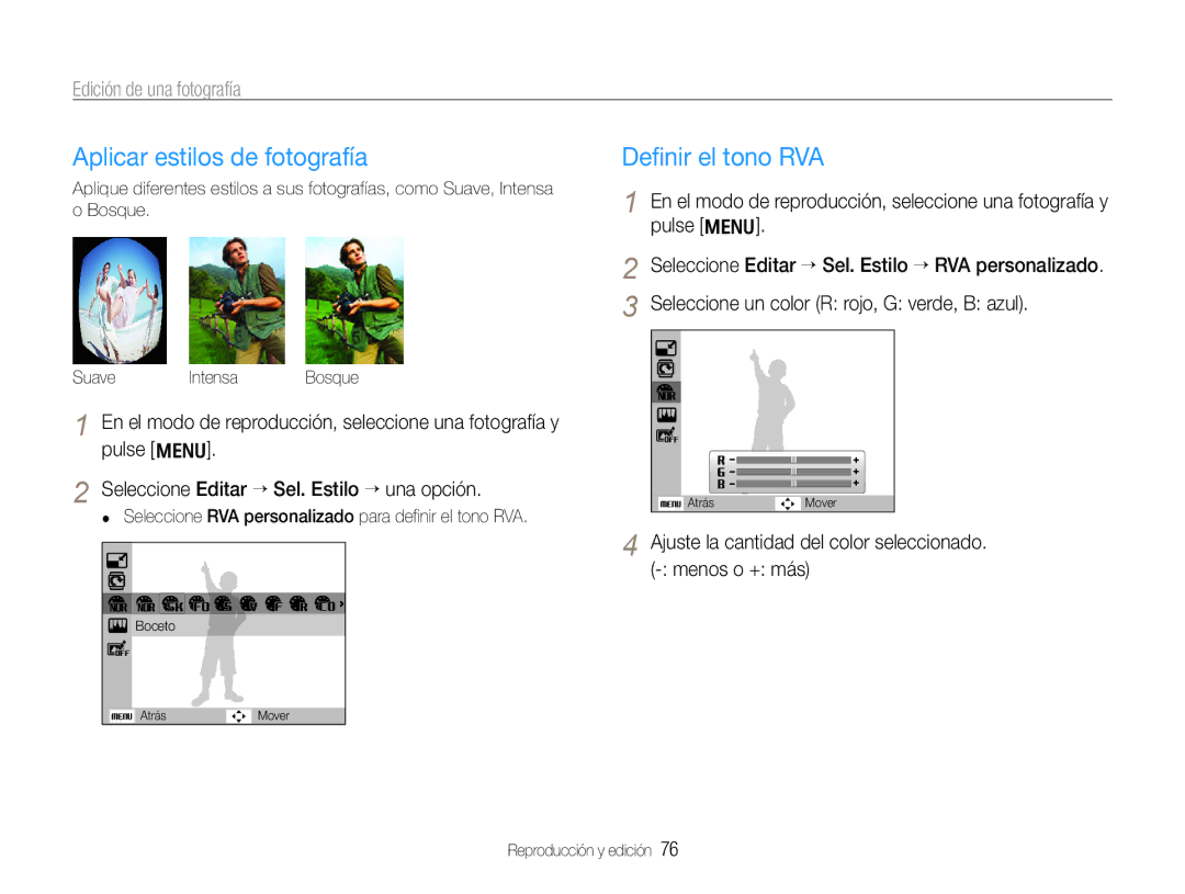 Samsung EC-WB660ZBDBE1, EC-WB650ZBPBE1 manual Aplicar estilos de fotografía, Deﬁnir el tono RVA, Edición de una fotografía 
