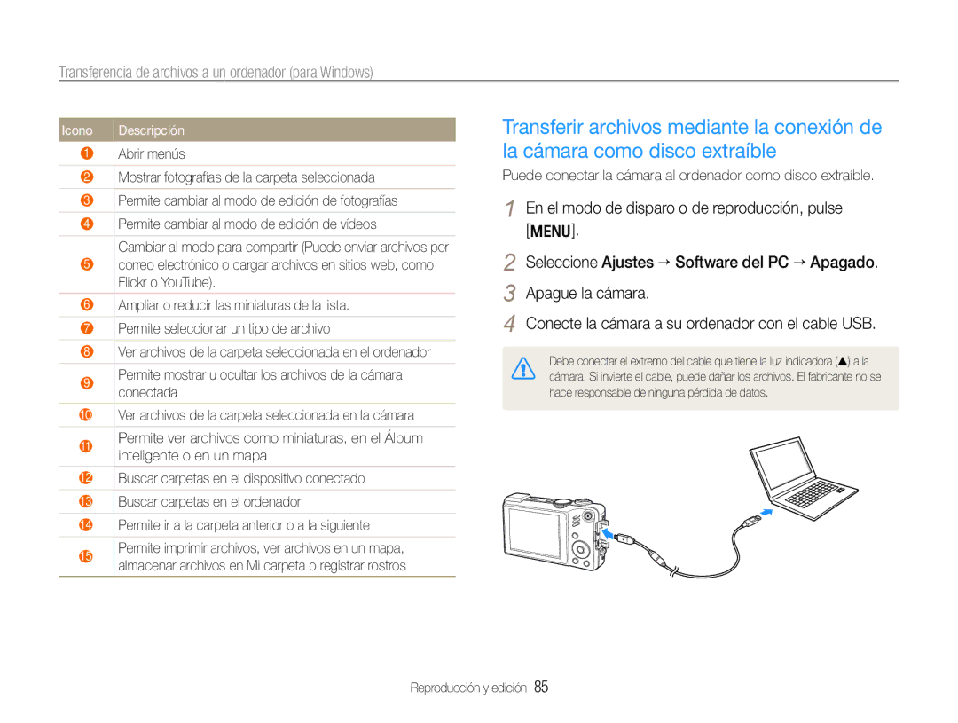 Samsung EC-WB650ZDPBAS, EC-WB650ZBPBE1 manual Icono Descripción, Puede conectar la cámara al ordenador como disco extraíble 